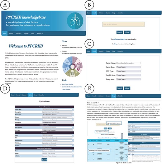 Web interface of PPCRKB. (A) Home page; (B) Basic search page; (C) Advanced search page; (D) Update page; (E) Help page.