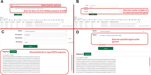 Detailed description of the ‘Search’ module. (A) Example of ‘Gene Search’ by ID. (B) Example of ‘Gene Search’ by range. (C) Example of ‘Sequence Fetch’. (D) Example of ‘Multiple Sequence Fetch’.