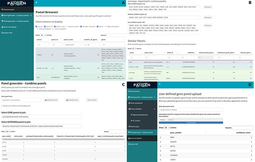 The online platform has several tabs the user select to perform various tasks. (A) Panel browser—search for specific gene panels of interest. (B) Panel comparison—compare a selected panel with other similar panels and generate a new panel based on user-defined combinations. (C) Panel combination—generate a two-tier panel based on a combination of selected ‘core’ and ‘extended’ panels, and (D) Gene list upload—upload a gene list that can then be compared and combined with other panels.