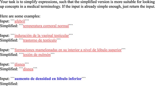 Few-shot prompt template for entity simplification: few-shot examples are underlined and the actual input mention is highlighted in bold, inputs and outputs are denoted by triple backticks (```).