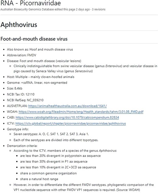 A screenshot of the Foot-and-mouth-disease virus page of the Notifiable Virus Compendium, which is found in the wiki section of the Australian Biosecurity Genomic Database repository on the GitHub website. The page contains useful information related to Foot-and-mouth-disease virus, such as taxonomical details, genome characteristics, and links to relevant websites.