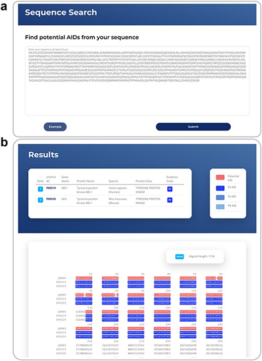 Figure 6 illustrates an example of a sequence search result. (a) shows the sequence search menu. (b) displays a result using an exemplar sequence, where known autoinhibitory domains (AIDs) are highlighted. The region within the query sequence corresponding to a putative AID is marked.