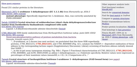 Finding papers about a protein and its homologs with PaperBLAST. This screenshot shows the top results for Shewana3_2071. Experimentally characterized homologs are shown with curated annotations in bold. Homologs that are discussed in papers are shown with snippets of text from those papers. Within each snippet, the homolog’s identifier is highlighted. The top right shows links to other interactive tools.