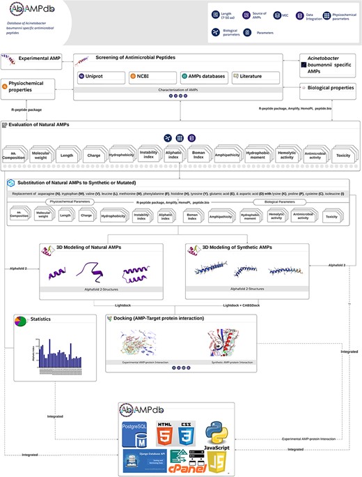 Methodology overview. The database development included four steps; screening of AMPS, evaluation of AMPs, homology modelling and target protein selection to dock with each AMP and integration of all the data into AbAMPdb.
