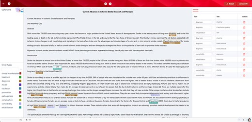 Named entity recognition by the ontology. Ten categories in the proposed ontology were used to auto-annotate one abstract related to atherosclerotic cerebrovascular disease. Among them, depression, obesity, and diabetes were annotated as comorbidity.