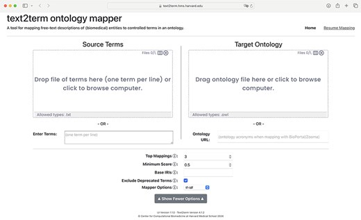 Front page of the text2term Web application (https://text2term.hms.harvard.edu) where users specify input terms by uploading a file or entering raw text, and the target ontology to map those terms to, which can be uploaded or pointed to via its URL.