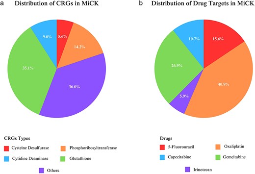 Statistics of distribution of chemoresistance genes (a) and their target drugs (b) included in MiCK.