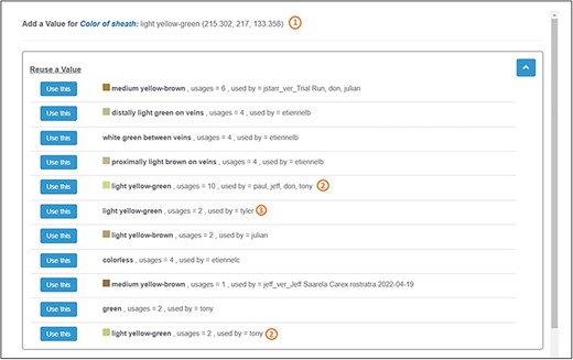 Expert recorded colors for the color of sheath of C. canescens.