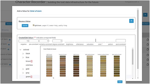 The Character State Window, accessible when the user clicks on any data cell of a categorical character.