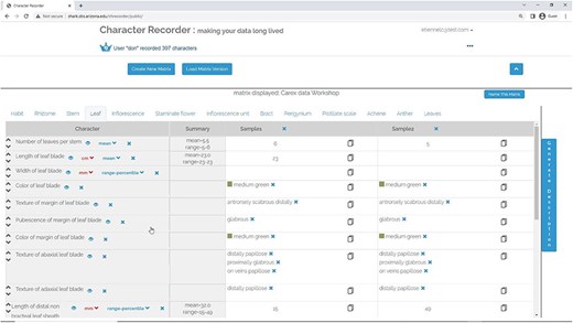 The Matrix Page. A portion of the matrix related to leaves is filled out.