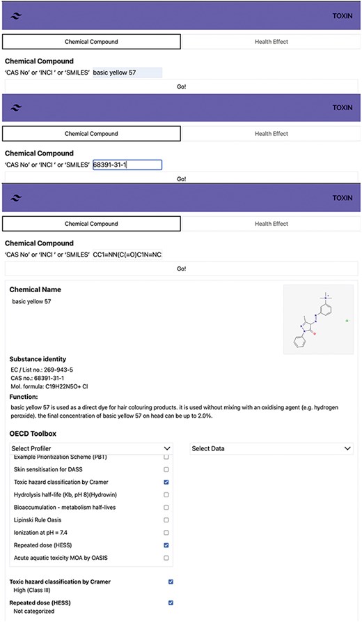 Search results for Basic Yellow 57 in TOXIN KG, providing detailed chemical information and access to 70 OECD QSAR Toolbox profilers for systemic and organ toxicity.