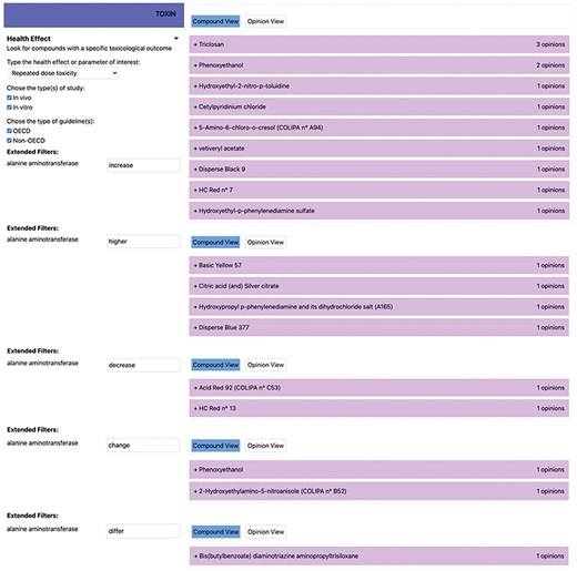 Displaying search results in TOXIN KG for ingredients that impact the ALT liver enzyme levels.