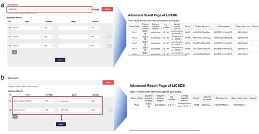 LICEDB search case. (a) Use the quick search feature to find information related to pullulanase and (b) use the advanced search feature to query for enzymes with the English name “pullulanase” and Gene Bank number “AZP53538.1” for related information.