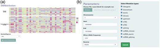 An example of the SNP distribution module. (a) Comparison of conserved SNPs specific to LPBB and LPN populations. (b) User-interactive panel for filtering SNP site parameters. Users can choose a specific genomic region and SNP effects and then upload their samples.