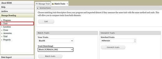 An example BIMS page where users can match trait descriptors from their datasets and imported datasets.