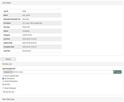 Uploading Job Detail page in the MCL interface. After submitting data in templates, curators can check the progress and any errors.