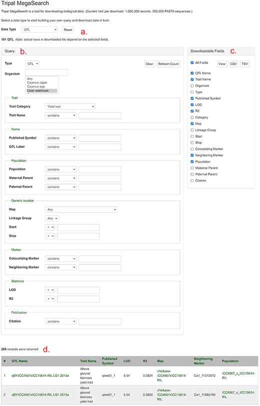 An example MegaSearch page. (a) Data type section where users can choose data type. (b) Query section that provides a query form that allows users to perform complex queries using various metadata as filters. (c) Downloadable Fields section where users can choose data fields to view and download. (d) The result table where users can see the data with chosen fields with hyperlinks.
