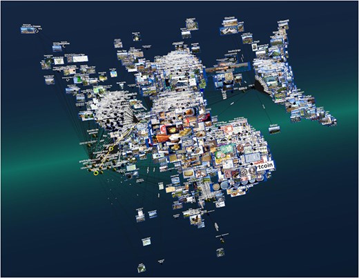 Example of a large graph demonstrating the rendering capabilities of Graph2VR on an RTX 4090. It shows about 17 000 nodes handled by Graph2VR. A framerate drop to 14 fps was observed during the layout phase (the fps increase significantly afterwards). Dataset: DBpedia.