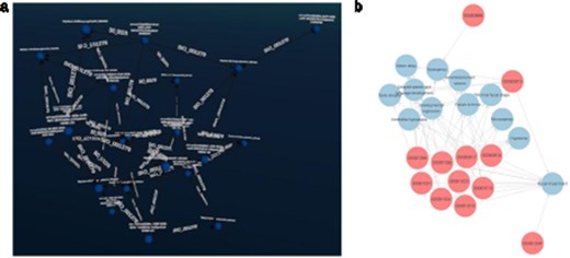 (a) Graph2VR layout. (b): GraphDB default layout. Red nodes represent patients. Blue nodes represent phenotypes. Clustering of individuals with the same phenotype (minimum of two per HPO) in Graph2VR 3D force-directed layout (a) and in GraphDB automatic layout (b).