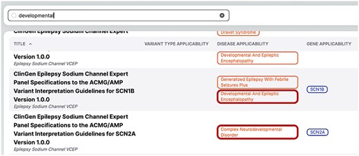 Results of the “developmental” search in VarGuideAtlas.