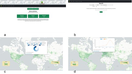 ForestForward web user interface (a): we show the users can go to the search view of the data (b), or access the world map directly (c), choosing to view the data for any given year at any geographic location (by clicking on the geographic polygon, a pie chart with information about the species is displayed and a CSV file with the chart data can be downloaded), or display how the number of censed plants and species changed over time (d) and download the data in CSV format.
