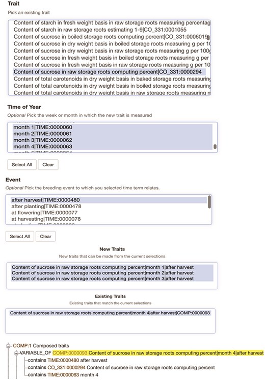 The user interface for post-composing traits from SweetPotatoBase. Selecting the trait ontology term CO_331:0000294 along with time terms “month 1, month 2, month 3, and month 4” and the breeding event term “after harvest.” The interface shows one of the combinations is already stored in the database as a post-composed term, and three may be stored as new traits. The composed trait in the database is displayed with its assigned ID (COMP:0000093) and its three components (variable, time, and event) using a “contained” Relationship Ontology term.