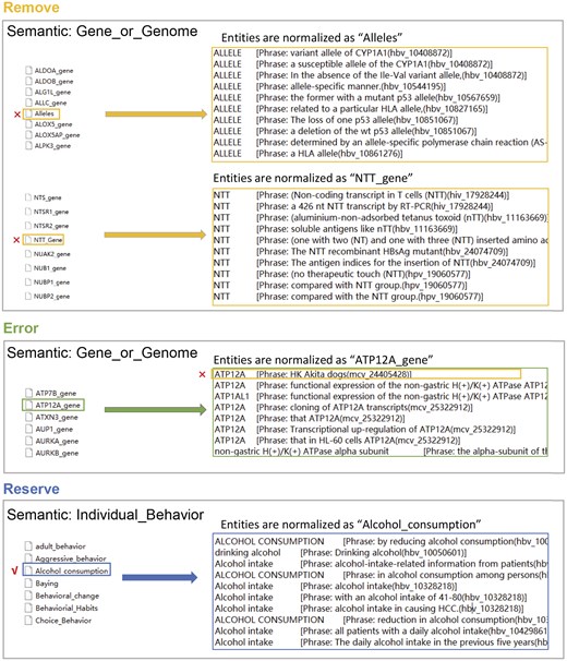 Semantic filters for Remove, Error, and Reserve. On the left are normalized terms, and on the right are UMLS concepts recognized by MetaMap from the original phrases. These UMLS concepts are normalized to the term on the left.