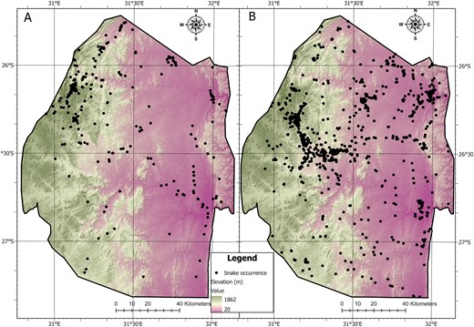 Map showing locations of snake occurrences in Eswatini for (A) historic (pre-2000) and (B) current (post-2000) time periods.