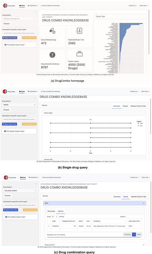 DrugCombo data portal: (a) DrugCombo homepage, (b)Single drug query result page, and (c) Drug combination query result page.