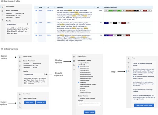 Display page of the gene database showing the results of a search for kinase receptors (proteins with a transmembrane domain and an intracellular kinase domain) that are expressed in neurons.