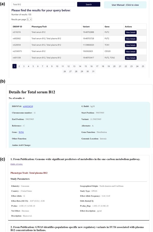 Screenshots of (a) the expanded database query results, (b) the detailed view of the Variant section, and (c) the Association section.