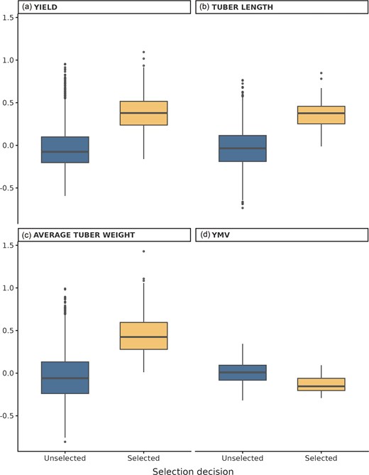 Trait performance of selected and unselected yam progeny using GPCP. Boxplots show standardized values for (a) yield per plant (Yield), (b) tuber length, (c) ATW, and (d) YMV. Selection decisions (selected vs. unselecteD) were compared using Wilcoxon rank-sum tests, with all traits showing significantly higher median values in the selected group (P < 2.22 × 10−16).