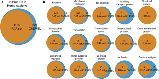Overlap of druggable proteome in Homo sapiens between the R4A set and ChEMBL chemical compounds for targets associated with clinical compounds. (a) Overall overlap of UniProt IDs; (b) overlap of UniProt IDs by target class. Count is based on the number of unique UniProt IDs, considering binding and functional assays with a pChEMBL value ≥ 6 and a confidence score ≥ 8. The data shown was obtained from the Python pipeline.