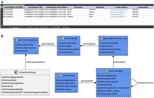 Overview of the FAIR-DS. The FAIR-DS models five classes (B), the investigation, study, observational unit, sample, and the assay. Each class is given a sheet in the Excel document (A). In these sheets, the fields of the class can be filled in. Each instance of the class has a row in the Excel sheet.