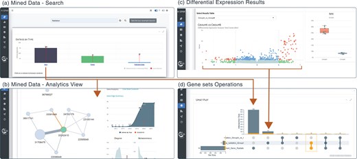 Application screenshots for mined data search, differential expression analysis, and set operations. (a) The main search field in the Mined Data tab allows the user to filter entries using specific keywords (e.g. ‘Radiation’) and summarize the results in the interactive barplot. (b) Expanding the analytics view box under each data type table (e.g. Genes), the user can access a network view of the search results along with various analytics. (c) Interactive volcano plot showing the differential expression analysis results following group comparisons. (d) The sets of genes selected from searching the mined data entries in panel (a) and significantly differentially expressed genes in panel (c) are forwarded as sets which are visualized as an interactive upset plot showing individual sets and all pairwise intersections.