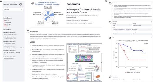 The web interface of Panorama. (A) Overview of the Panorama web interface, (1) logo of the Panorama database, (2) a brief description and functionalities of the Panorama database, and (3) Panorama menu bar. (B) Detailed view of the Panorama database function interface: (1) a brief description of the function, (2) dataset selection options including tissue type, cancer type, dataset, gene name, and survival type, (3) result plot, and (4) download buttons for the plot and underlying data.