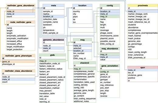 A simplified overview of the database scheme. tables closely related together are coloured according to what kind of information they represent. The ‘meta’ table and the ‘location’ table encompass metainformation. The tables ‘resfinder_gene_abundance’ and ‘resfinder_class_abundance’ joined with detailed gene information (‘node_resfinder_gene’, ‘resfinder_gene_phenotype’) summarize the results of the AMR gene identification. The taxonomic classification of fragments using a genomic database is presented in the ‘genomic_abundance’ table. Results derived from the assembly-based metagenomic workflow include the contig table containing basic contig information and the potential origin of each contig. This ‘contig’ table is linked to the ‘mag’ table providing the association of contigs with their respective MAG, while taxonomy and quality information for MAGs can be found in the ‘gtdb’ and ‘checkm2’ tables. Results from Hi-C sequencing analysis are in table ‘proximeta’. The table ‘qpcr’ stores the results of identification of pathogens through qPCR.