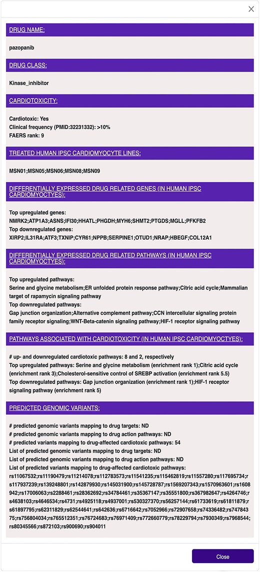 DrugTox summary card for pazopanib. DrugTox summary cards provide a concise summary of the drug class, its cardiotoxic potential from FAERS ranking and literature summary, ranked list of genes and pathways affected by the drug in the indicated human iPSC cardiomyocyte lines and potential genomic variants. This DrugTox summary card can be opened by selecting ‘Drug’ in the list box ‘Select’ in the ‘Search’ box, entering ‘paz’ in the text box next to it, and selecting ‘PAZOPANIB’ in the pop-up window.
