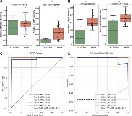 Performance of neomer biomarkers in cfDNA and cfRNA from liquid biopsies for glioblastoma detection. (A–B) Unique neomer counts and total neomer counts found in (A) cfDNA (Mann–whitney U-test, P-value = .27, .002) and (B) cfRNA (Mann–Whitney U-test, P-value = .002, .007). (C) ROC-AUC curves and (D) precision recall-AUC curves for glioblastoma across five-folds and averaged.