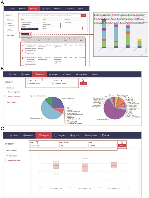 Compare module of huSA database. (A) The page accompanied with red frame indicates step by step administration for dataset comparison. (B) The page accompanied with red frame shows the method of sample comparison. (C) A page displays the gene expression visualization.