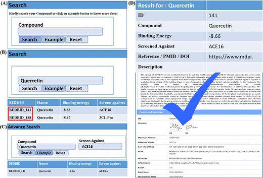 The usage page of the database is organized as: (a) it displays a compound search query, allowing users to search by entering the compound name. (b) By clicking the example button, users can view examples and highlighted BEDB IDs. (c) An advanced search query is also provided, complete with an example. (d) Finally, the detailed results of the searchable compounds are presented.