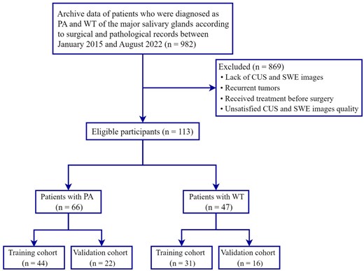 Flowchart illustrating the patient selection process. CUS, conventional ultrasound; PA, pleomorphic adenoma; SWE, shear wave elastography; WT, Warthin’s tumor.