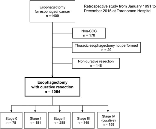 A total, of 1054 patients underwent curative esophagectomy for esophageal cancer between 1991 and 2015. The number in each stage is shown. (SCC, squamous cell carcinoma).