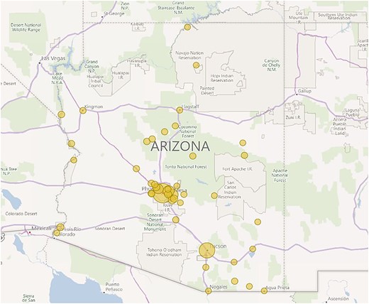 Geographical distribution of radiology centers in Arizona. Note that the Phoenix metropolitan area has a higher concentration of facilities; only 44 of 91 (48.4%) municipalities in Arizona have at least one radiology center. Created with Power BI v2.91 (Microsoft, Redmond, WA, USA).