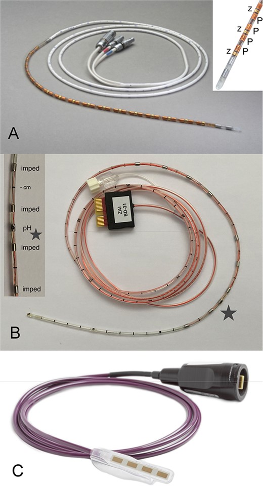 (A) Solid-state high-resolution impedance-manometry catheter (4.2 mm ∅, 36 pressure; 18 impedance, Medtronic EAZ). (Courtesy Medtronic Australasia Pty Ltd.) (B) Dual pH-impedance reflux catheter (2.3 mm ∅, 2 pH (15 cm apart); 6 impedance, Diversatek). (C) MiVu Endo Cap attaches to an endoscope for direct vision and targeted acquisition of real-time mucosal impedance, for display of mucosal integrity contour pattern. (Courtesy Diversatek Healthcare Inc. USA.)