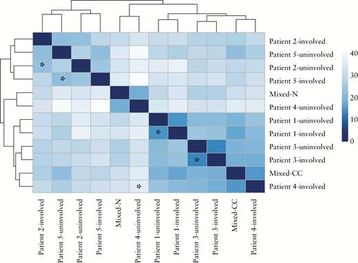 Heatmap of similarities of gene expression pattern between individual patchy collagenous colitis [CC] involved and uninvolved mucosa, and mixed CC and mixed normal colonic controls [N]. Similarities between gene expression patterns of different samples were calculated based on Euclidean distance and samples were hierarchically clustered. Stronger relationships between samples are indicated by shorter distances in the dendrograms and darker blue colour in the heatmap. Asterisks designate paired involved and uninvolved specimens. Note that 4 of the 5 matched pairs showed high degrees of similarity.