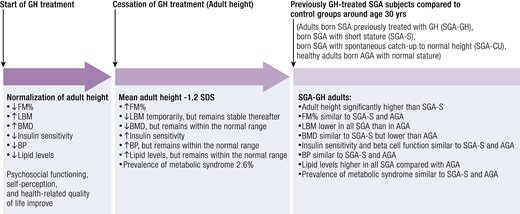 Effects of GH treatment during and after cessation, compared with untreated controls. Abbreviations: AGA, appropriate for gestational age; BMD, bone mineral density; BP, blood pressure; FM, fat mass; FM%, fat mass percentage; GH, growth hormone; LBM, lean body mass; SDS, standard deviation score; SGA, small for gestational age.
