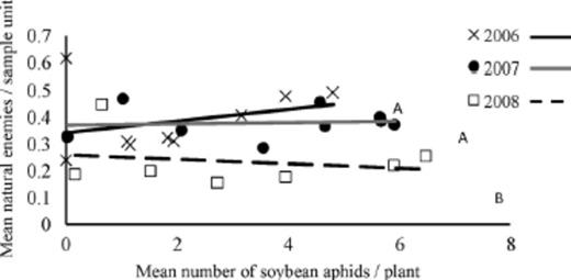 Relationship between A. glycines and natural enemies (averaged across seven taxa: O. insidiosus, Nabis spp., exotic coccinellids, native coccinellids, Chrysoperla spp., syrphids, and Araneae) in 2006–2008. Weekly aphid and natural enemy abundance data were transformed ln(x+1). Lines associated with the same letters do not have significantly different slopes (P > 0.05). Equations for slopes follow; 2006: y=0.0224x+0.3406; 2007: y=0.0028x+0.3685; and 2008: y=−0.0084x+0.2592.