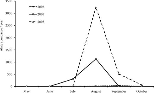 Alate A. glycines abundance from a suction trap located in Boone County, IA for 2006–2008. This was the nearest trap to our study sites (≈64 km north).