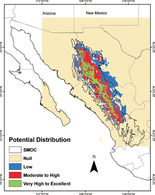 Potential distribution of D. rhizophagus in the Sierra Madre Occidental, México modeled with BIOCLIM.